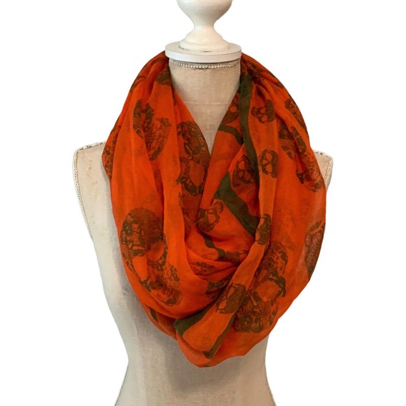 Natasha Accessories - Natasha Women's Orange Green All Over Skull Pattern Infinity Scarf 35.5 X 37.5